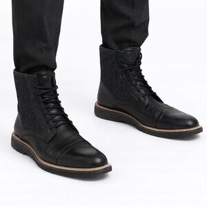 Modern Vintage Black Leather and Textile Boots